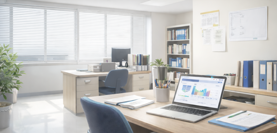 学生や教職員が資料やPCを囲んで情報を整理しているイメージ